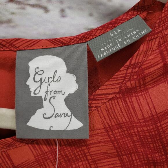 Anthropologie New Girl From Savoy Red Goji Plaid Cut Out Silk Dress Size 6 - Picture 6 of 16